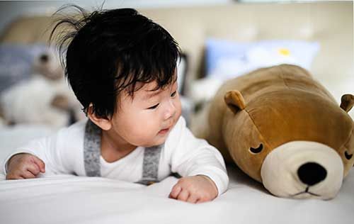 photo of baby playing with stuffed toy